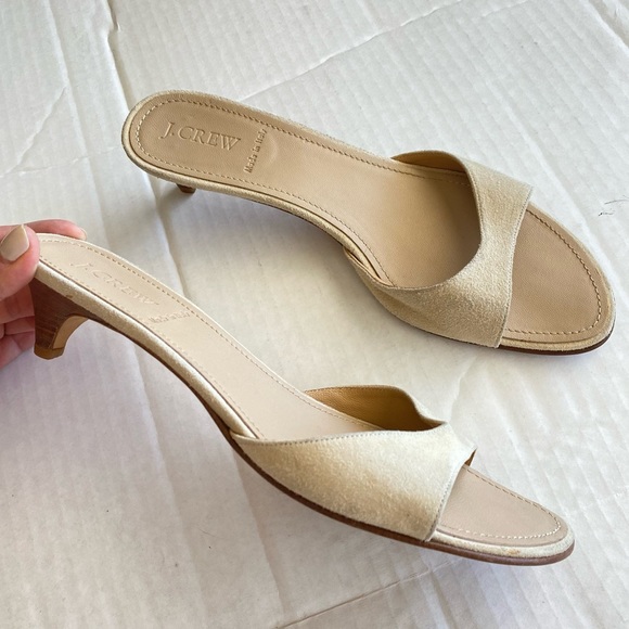 J. Crew Shoes - J. Crew Size 9 Beige Suede Leather Open-Toe Slip on Stacked Kitten Heel Sandal